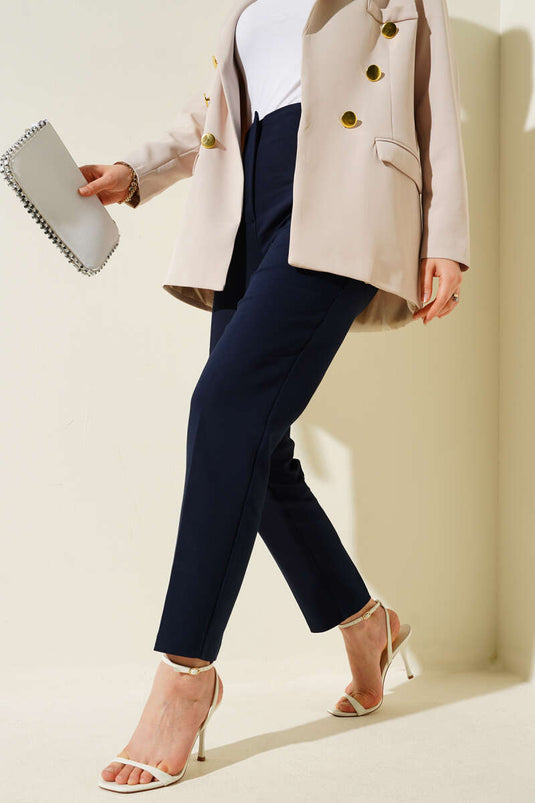 Darted Waist Skinny Leg Fabric Trousers Dark Navy Blue