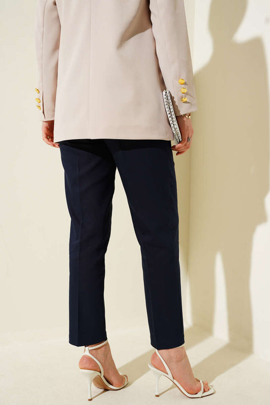 Darted Waist Skinny Leg Fabric Trousers Dark Navy Blue