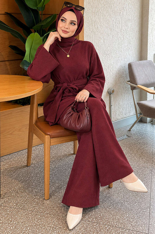 Beli Pensli Kuşaklı Basic İkili Takım Bordo