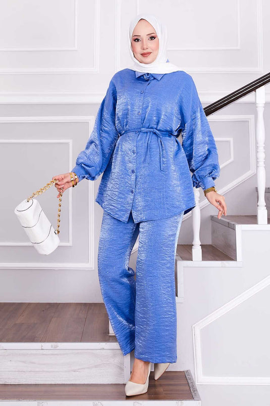 طقم بنطلون من قطعتين قابل للإزالة من الخصر مع رباط، نيلي