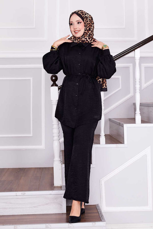 Beli Seyyar Bağcıklı Pantolonlu İkili Takım Siyah
