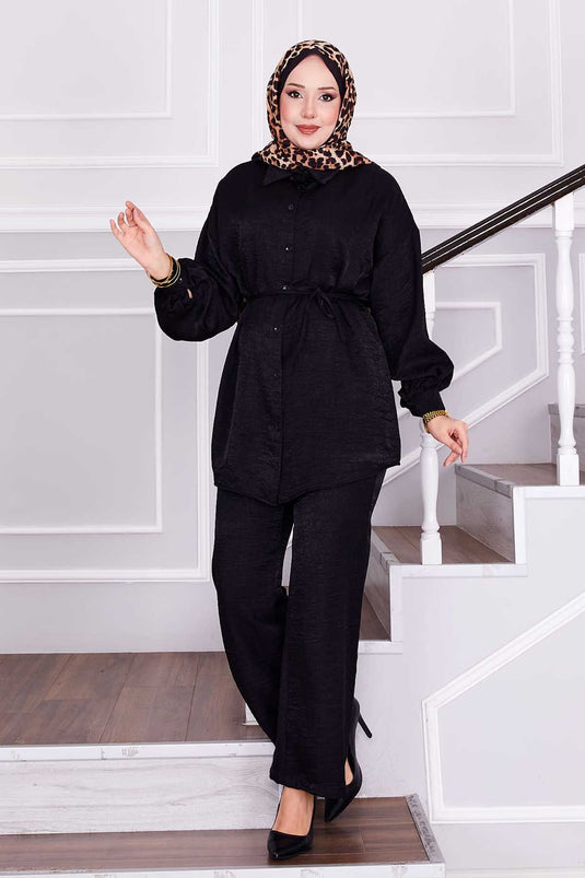 Beli Seyyar Bağcıklı Pantolonlu İkili Takım Siyah