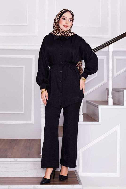 Beli Seyyar Bağcıklı Pantolonlu İkili Takım Siyah