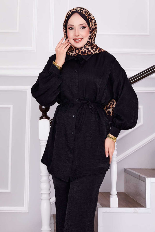 Beli Seyyar Bağcıklı Pantolonlu İkili Takım Siyah