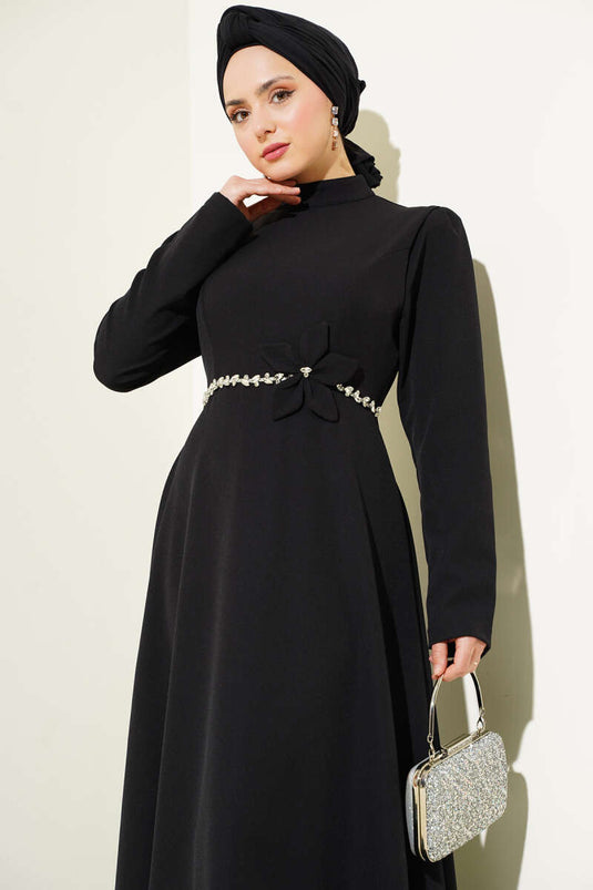 Beli Taşlı Çiçekli Elbise Siyah