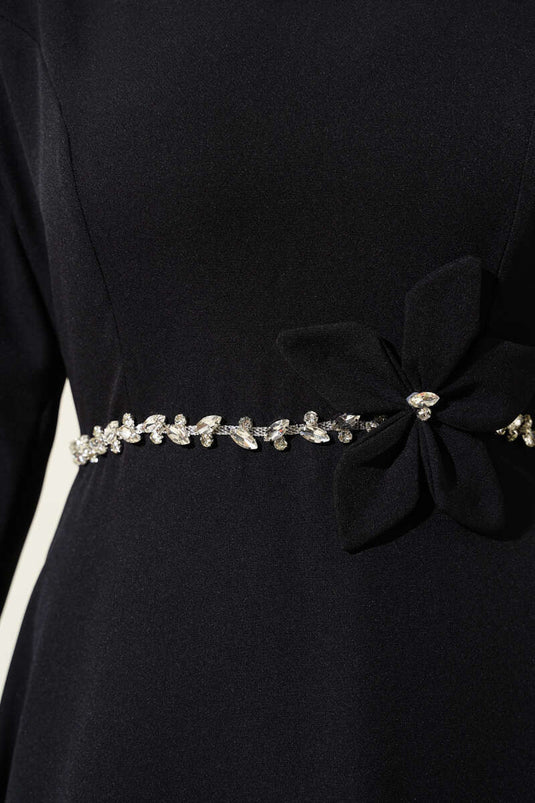 Beli Taşlı Çiçekli Elbise Siyah