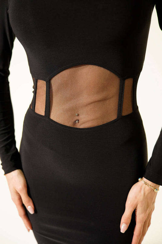 Sandy Mini Dress with Transparent Waist Detail, Black