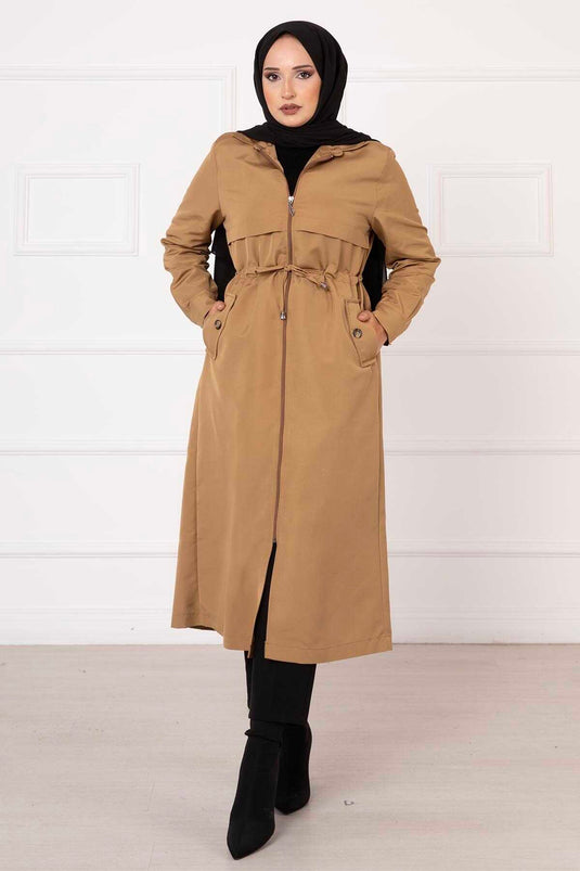 Gabardina Camel Con Cinturón Y Bolsillos