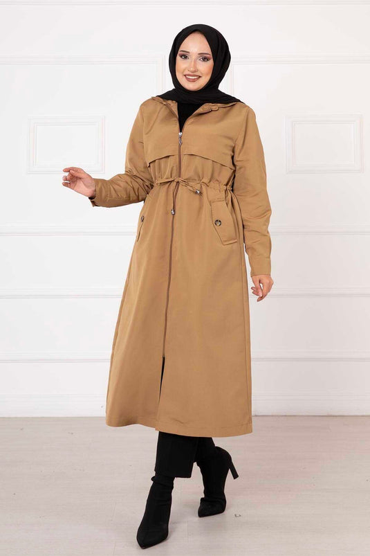 Beli Tünel Kemerli Çep Detaylı Trenç Camel