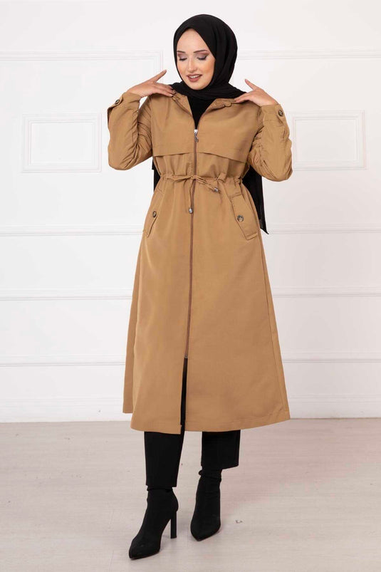 Gabardina Camel Con Cinturón Y Bolsillos