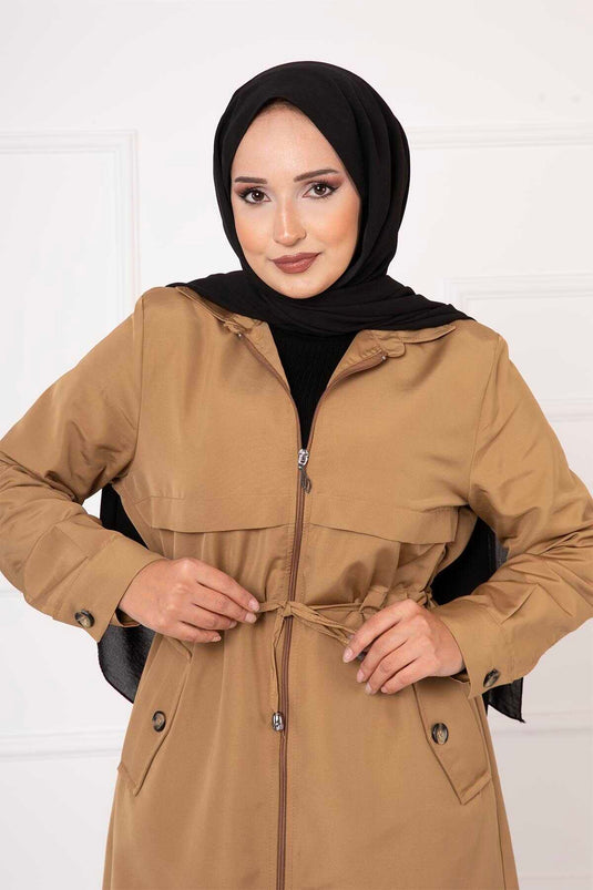 Beli Tünel Kemerli Çep Detaylı Trenç Camel