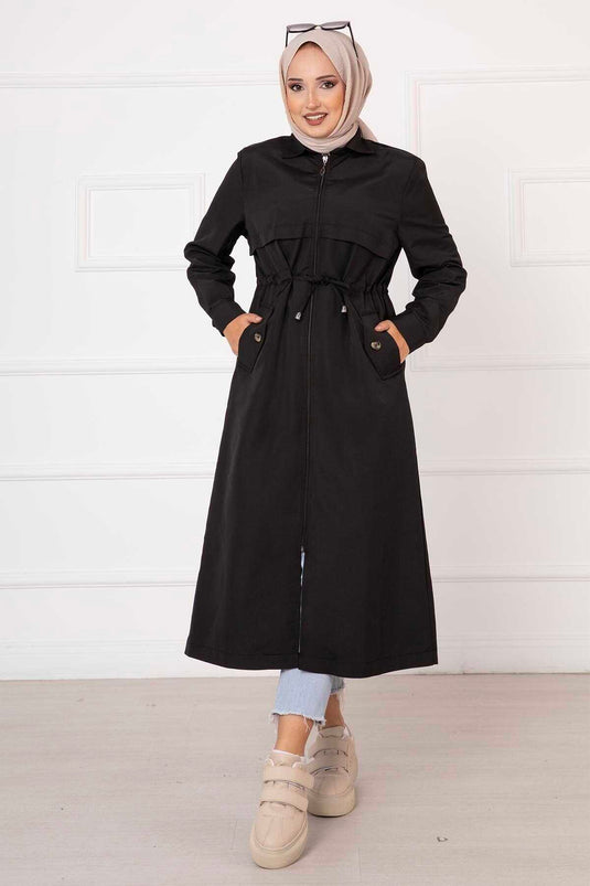 Beli Tünel Kemerli Cep Detaylı Trenç Siyah