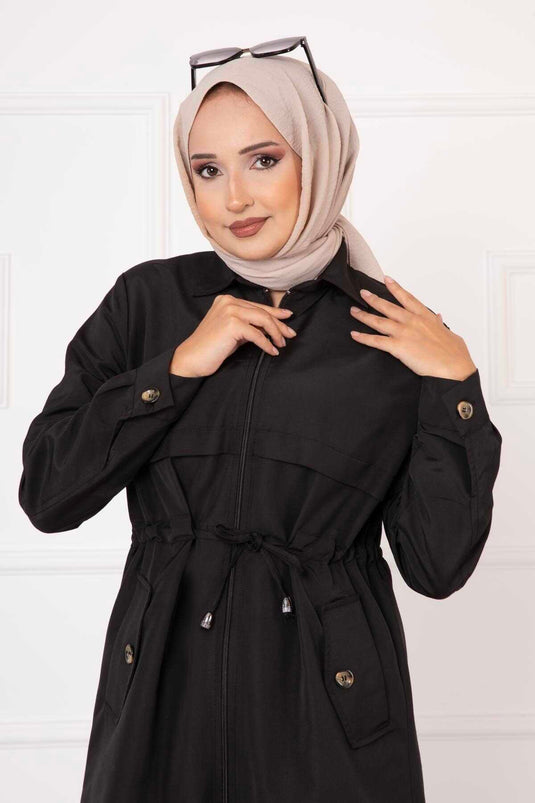 Beli Tünel Kemerli Cep Detaylı Trenç Siyah