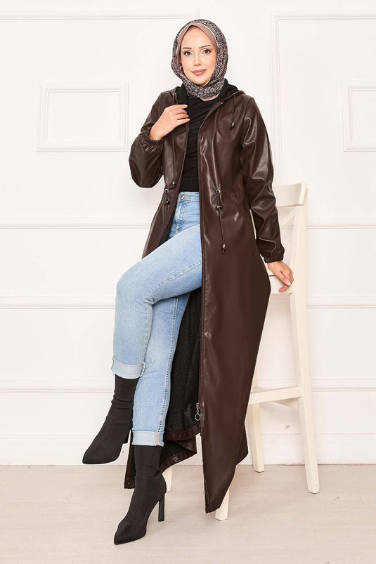 Beli Tünel Kuşaklı Kapüşonlu Deri Kap Kahve