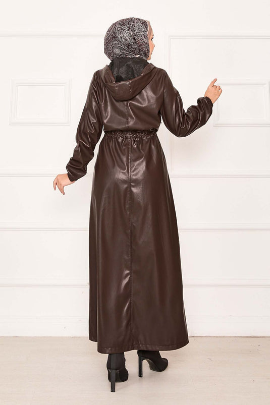 Beli Tünel Kuşaklı Kapüşonlu Deri Kap Kahve