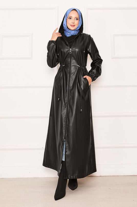 Waist Tunnel Belted Hooded Leather Cape Black