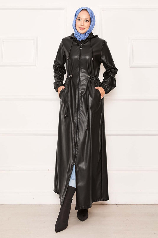 Waist Tunnel Belted Hooded Leather Cape Black