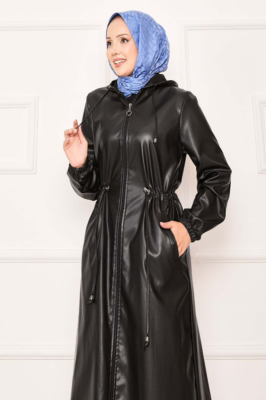 Waist Tunnel Belted Hooded Leather Cape Black