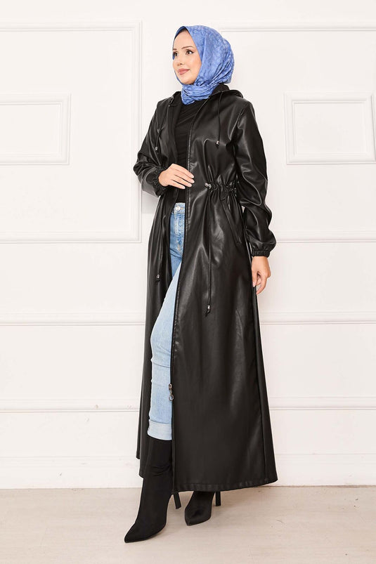 Waist Tunnel Belted Hooded Leather Cape Black