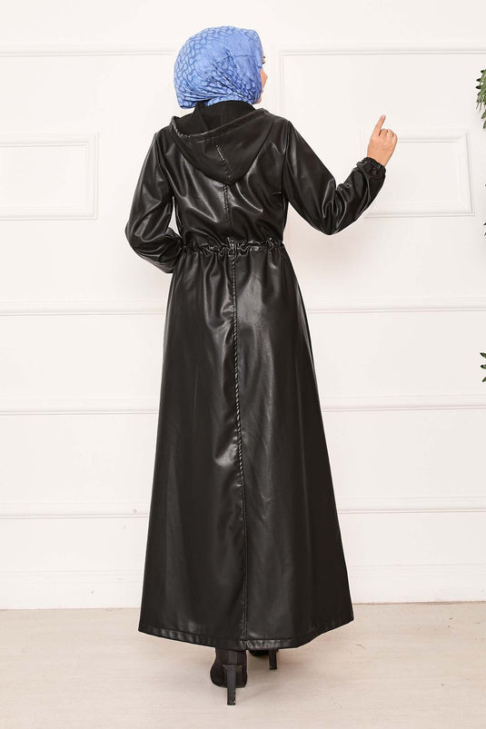 Waist Tunnel Belted Hooded Leather Cape Black