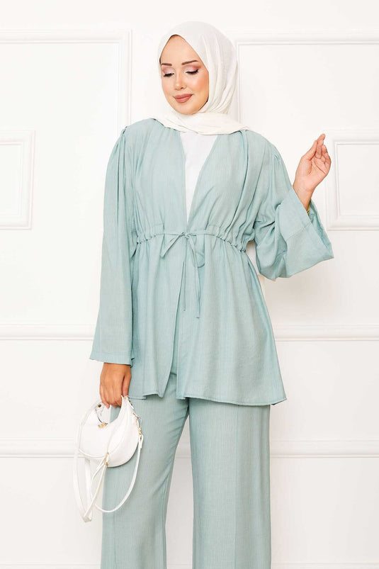 Beli Tünel Kuşaklı Kimono İkili Takım Mint