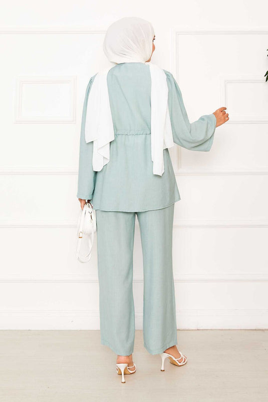 Beli Tünel Kuşaklı Kimono İkili Takım Mint