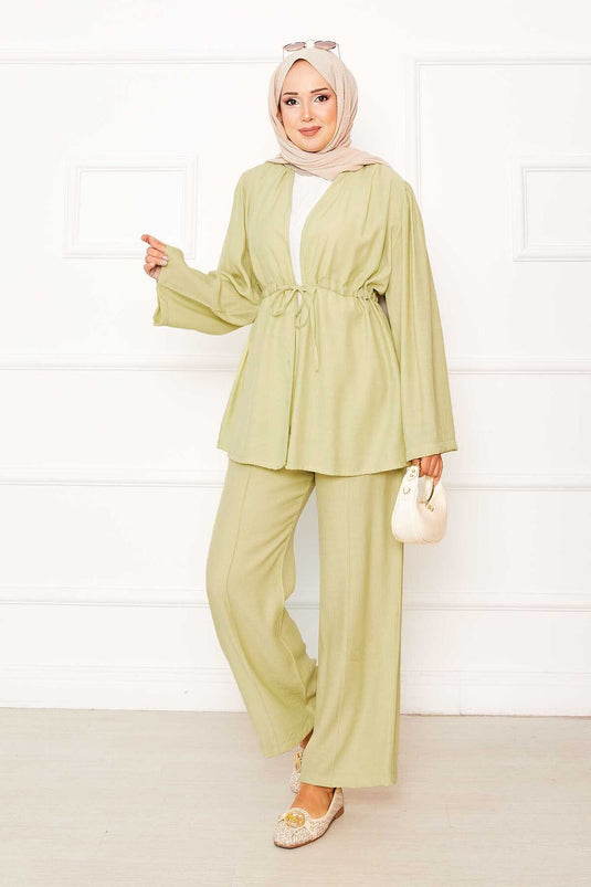 Beli Tünel Kuşaklı Kimono İkili Takım Yağ Yeşil