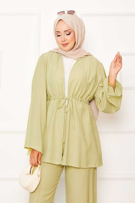Beli Tünel Kuşaklı Kimono İkili Takım Yağ Yeşil