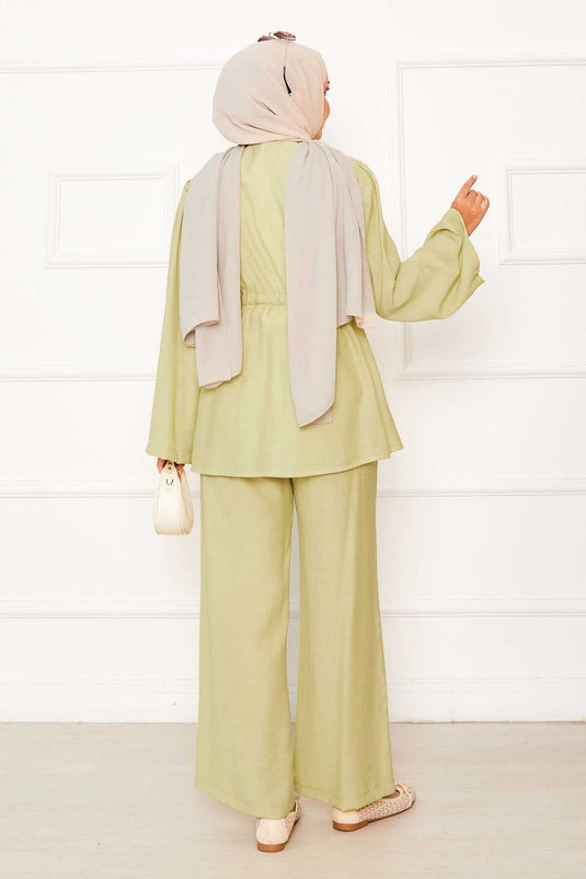 Beli Tünel Kuşaklı Kimono İkili Takım Yağ Yeşil