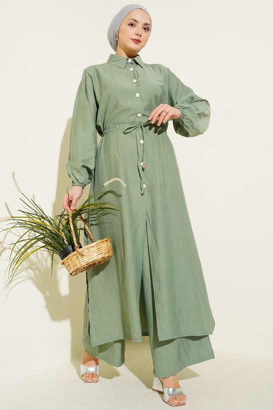 Buy Long Tunic Set with Buttoned Tulle in Pistachio Green