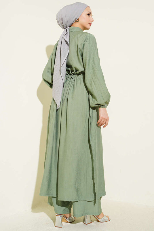 Buy Long Tunic Set with Buttoned Tulle in Pistachio Green