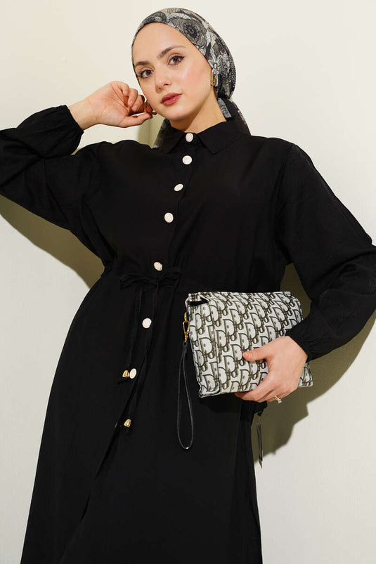 Ensemble deux pièces tunique longue à boutons avec tulle noir