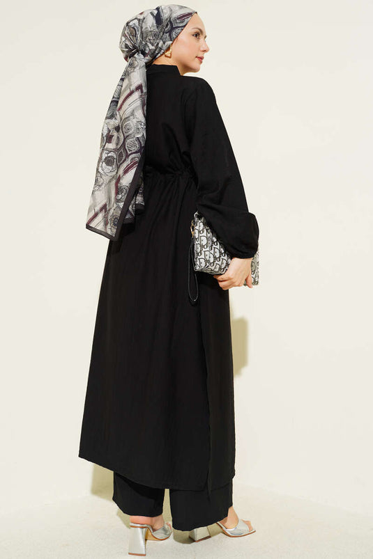 Ensemble deux pièces tunique longue à boutons avec tulle noir