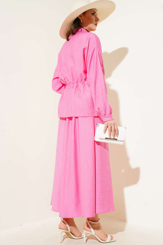 Two-Piece Suit with Tunneled Waist and Skirt, Fuchsia