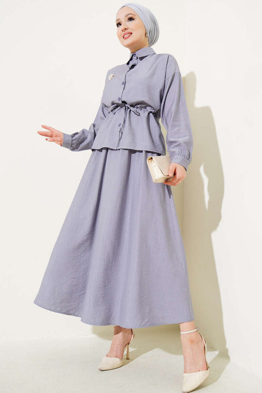 Beli Tünelli Etekli İkili Takım Gri