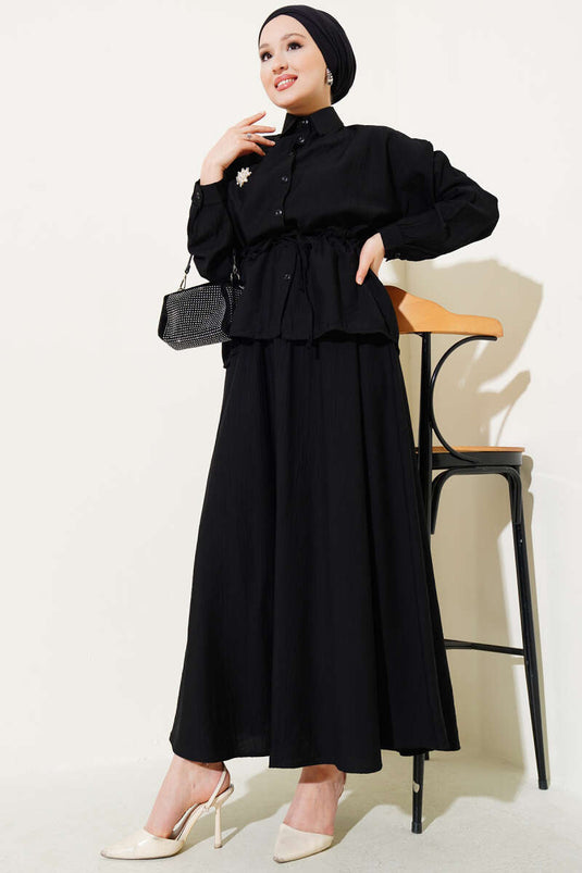 Beli Tünelli Etekli İkili Takım Siyah