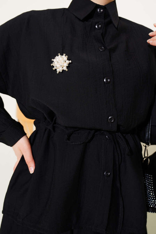 Beli Tünelli Etekli İkili Takım Siyah