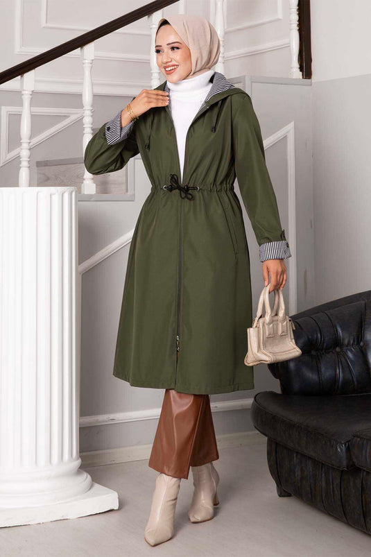 Waist Tunnel Zippered Oversized Trench Coat Khaki