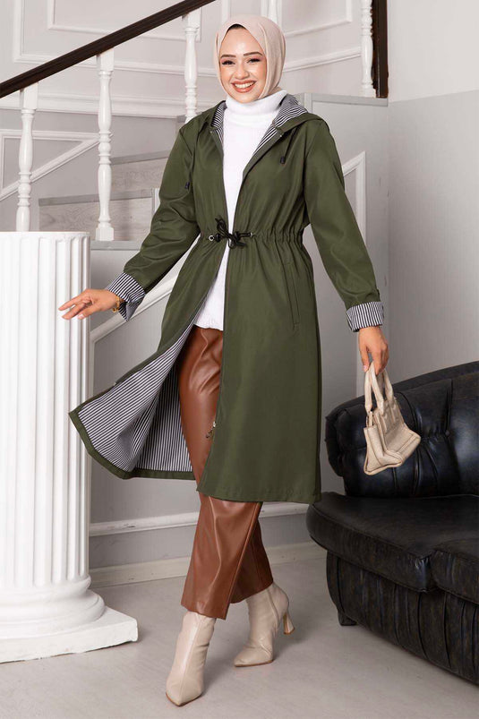 Waist Tunnel Zippered Oversized Trench Coat Khaki