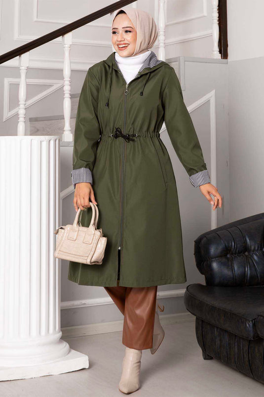 Waist Tunnel Zippered Oversized Trench Coat Khaki
