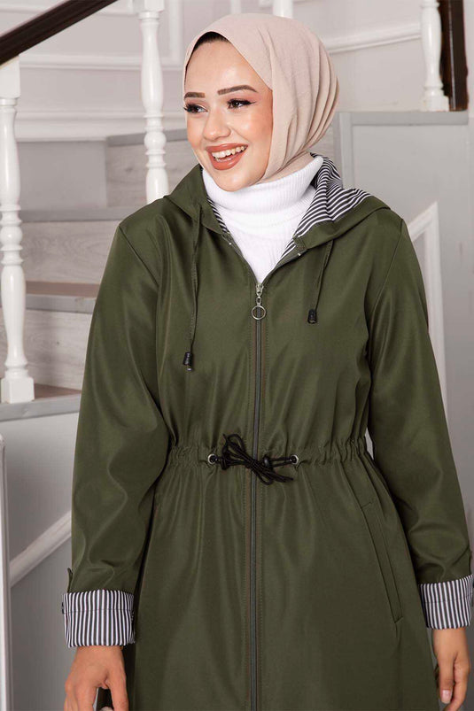 Waist Tunnel Zippered Oversized Trench Coat Khaki