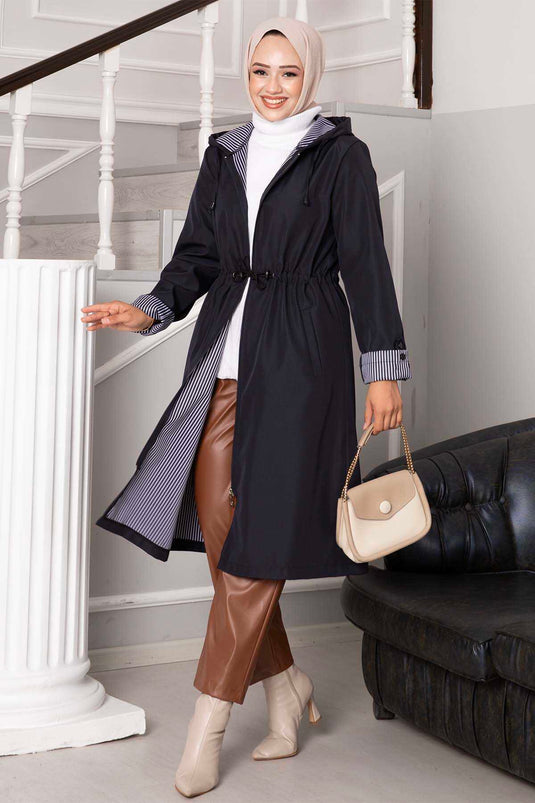 معطف ترنش كبير الحجم بسحاب عند الخصر، أزرق داكن