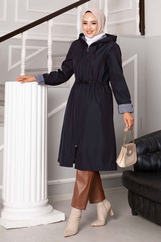 معطف ترنش كبير الحجم بسحاب عند الخصر، أزرق داكن