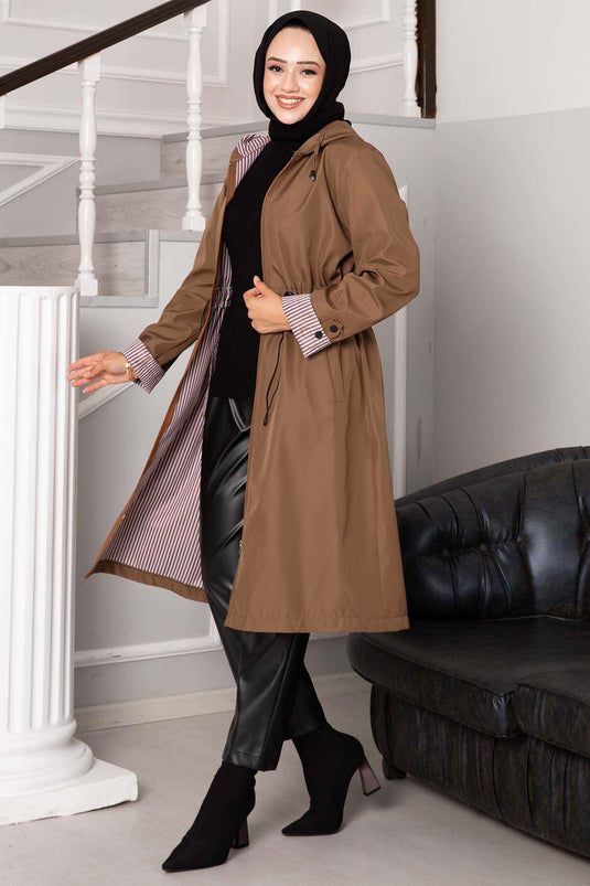 Tunnel Waist Zippered Oversized Trench Coat in Tan