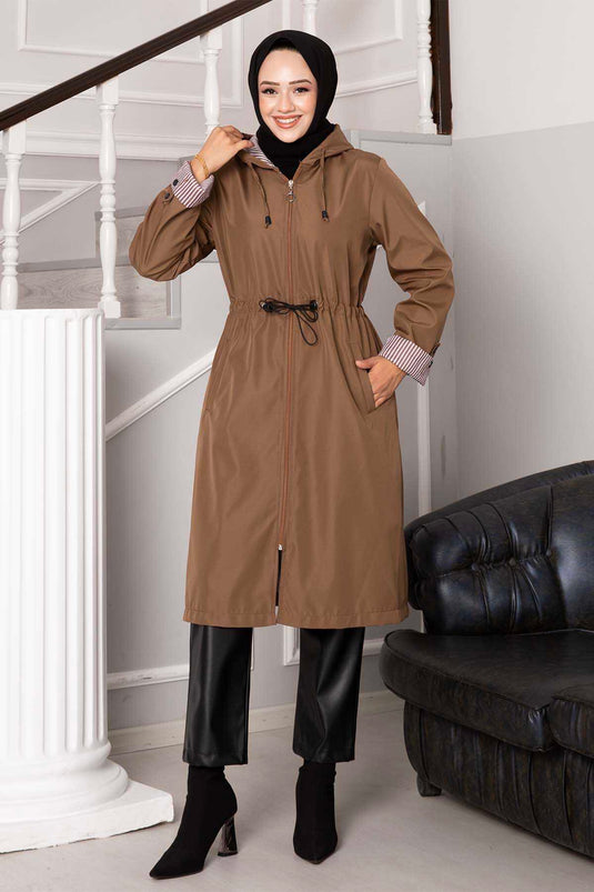 Tunnel Waist Zippered Oversized Trench Coat in Tan