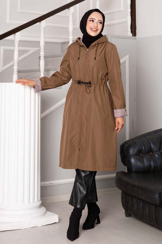 Tunnel Waist Zippered Oversized Trench Coat in Tan