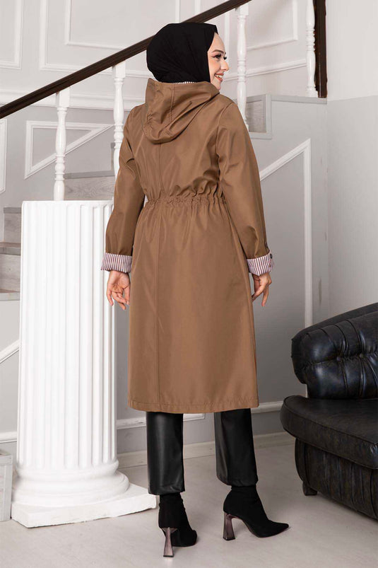 Tunnel Waist Zippered Oversized Trench Coat in Tan