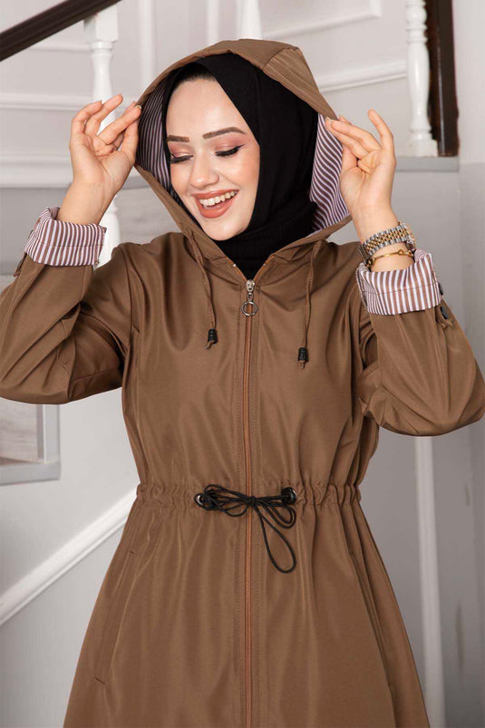 Tunnel Waist Zippered Oversized Trench Coat in Tan