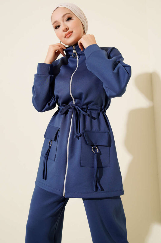 طقم غوص أزرق داكن من قطعتين بخصر نفق وسحاب