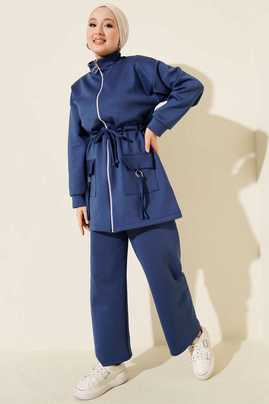 طقم غوص أزرق داكن من قطعتين بخصر نفق وسحاب